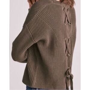 Lucky Brand Sz L Lace Up Back Cream Sweater 100% Cotton Crewneck Rib Seam Detail
